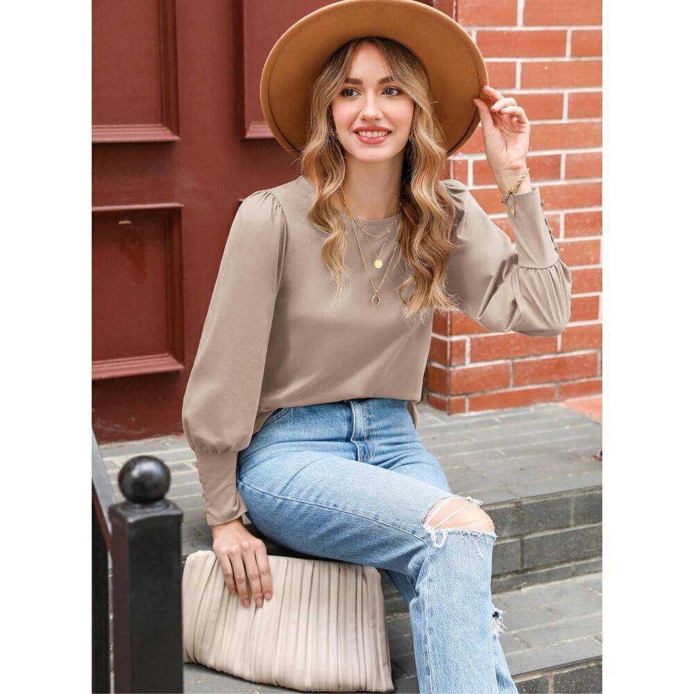 NWOT Womens DoRose Camel Tan Puff Sleeve Long Button Sleeve Detail Top - Sz XL